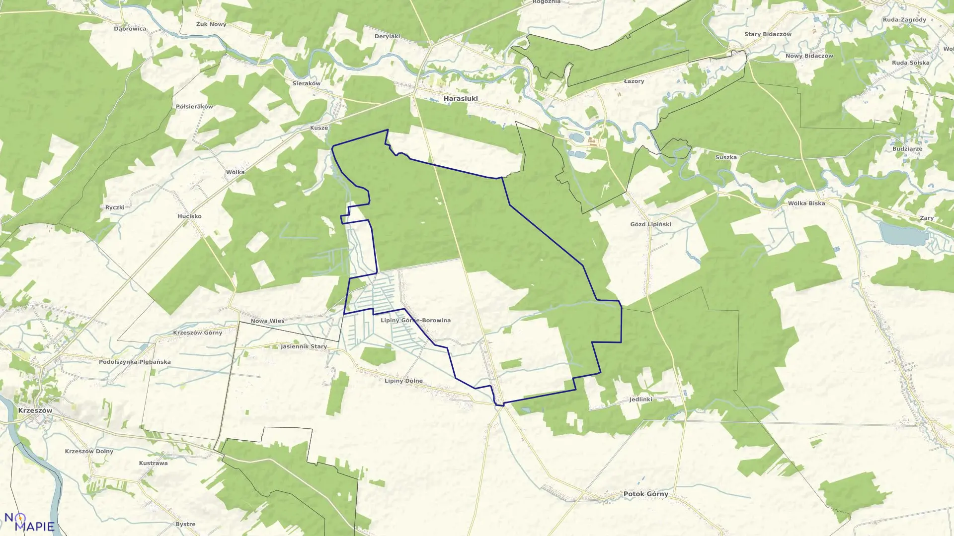 Mapa obrębu LIPINY GÓRNE w gminie Potok Górny